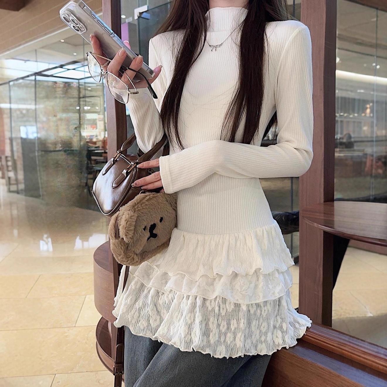 

Женский термальный флисовый водолазка с высоким воротником, многослойная кружевная водолазка, Осень/Зима 2025 S белый