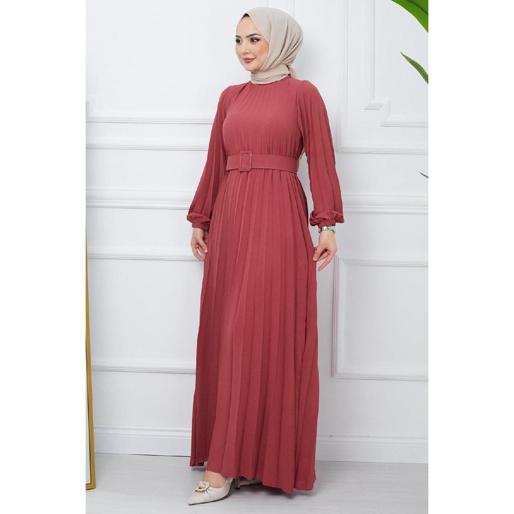 Belted Pleated Aerobin Dress Khaki Hm2339