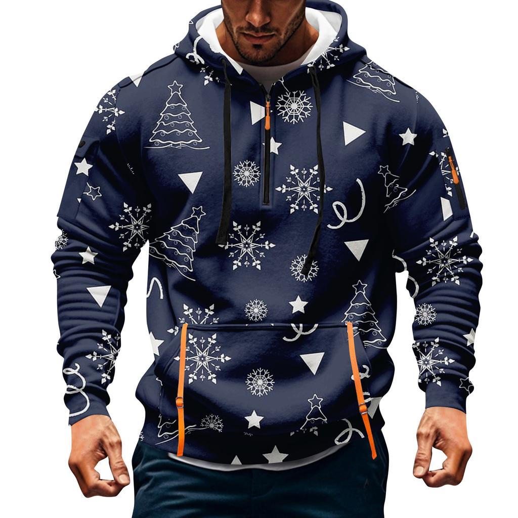 Sudadera deportiva casual de media cremallera con capucha y estampado navideño para hombre