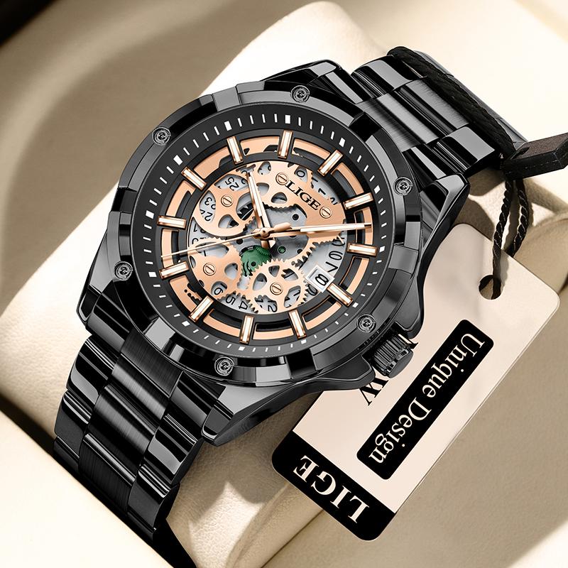 Reloj de Cuarzo para Hombre Negro Esqueleto Hueco Resistente al Agua Reloj para Hombre Deportes al Aire Libre Luminoso Fecha Reloj Masculino Relogios Masculino