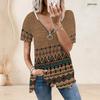 Women Plus Size Ethnic Printed V Neck Ring Zip Short Sleeve Loose Curved Hem Shirt