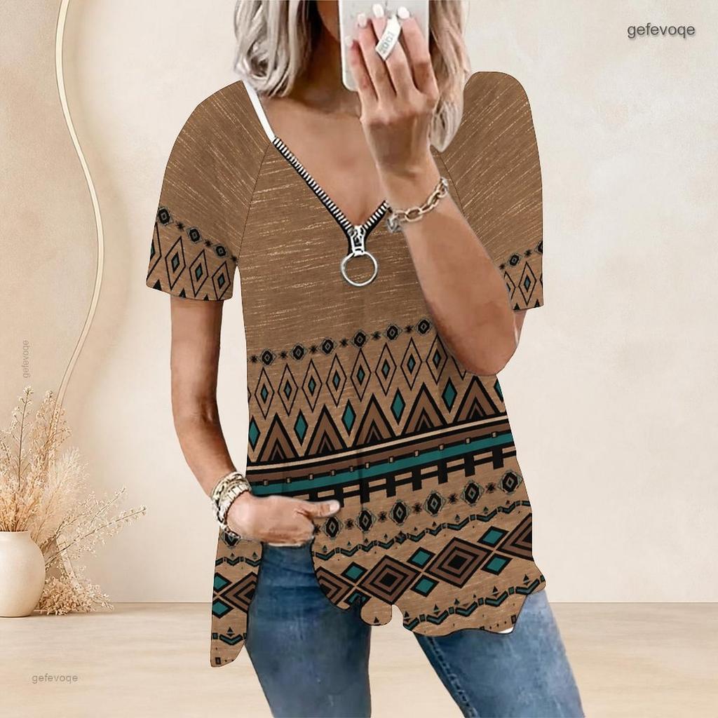 Women Plus Size Ethnic Printed V Neck Ring Zip Short Sleeve Loose Curved Hem Shirt