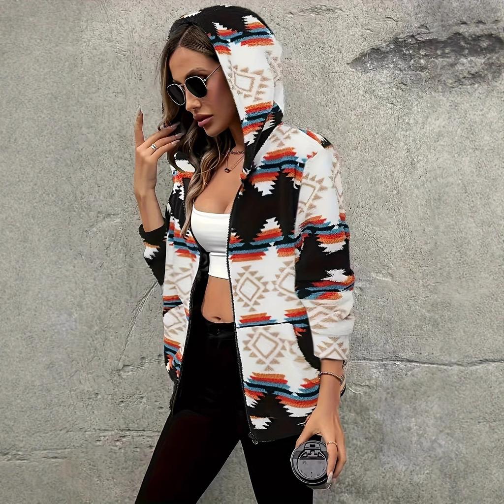 YYFS Moda Femenina Casual Estampado Color Block Otoño Invierno Manga Larga Chaquetas y Abrigos con Capucha