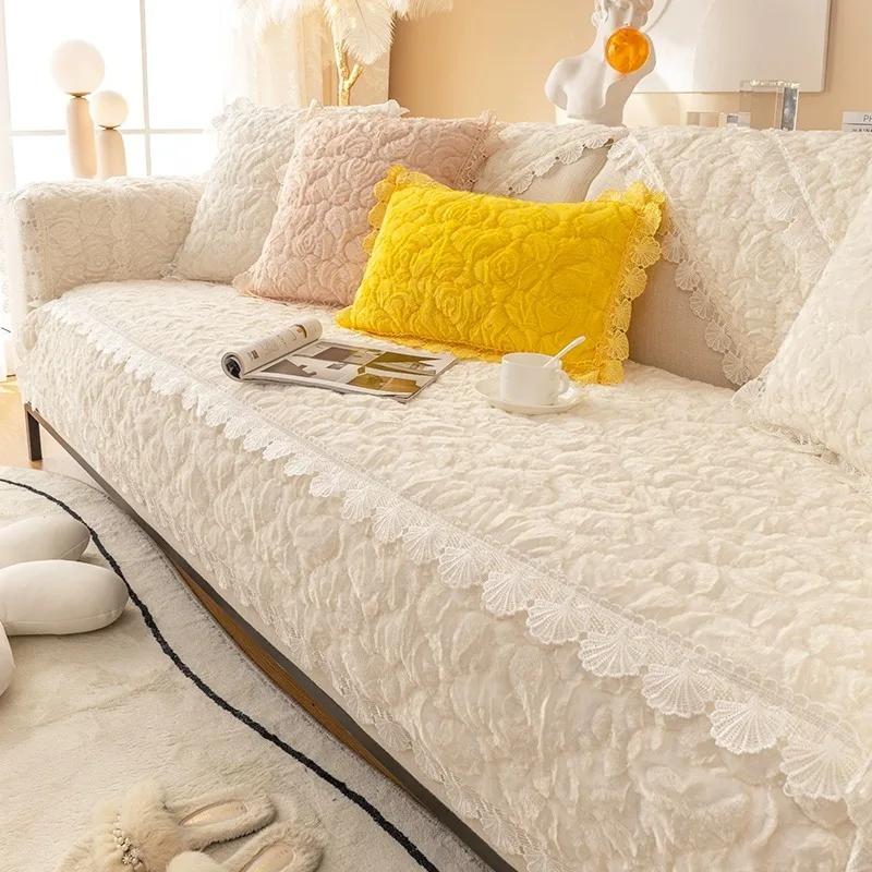 Modern Plush Sofa Cushions Winter Lace Flannel Sofa Cover Four Seasons Solid Color Non-slip Sofa Cover For1/2/3 Seat Sofas Decor