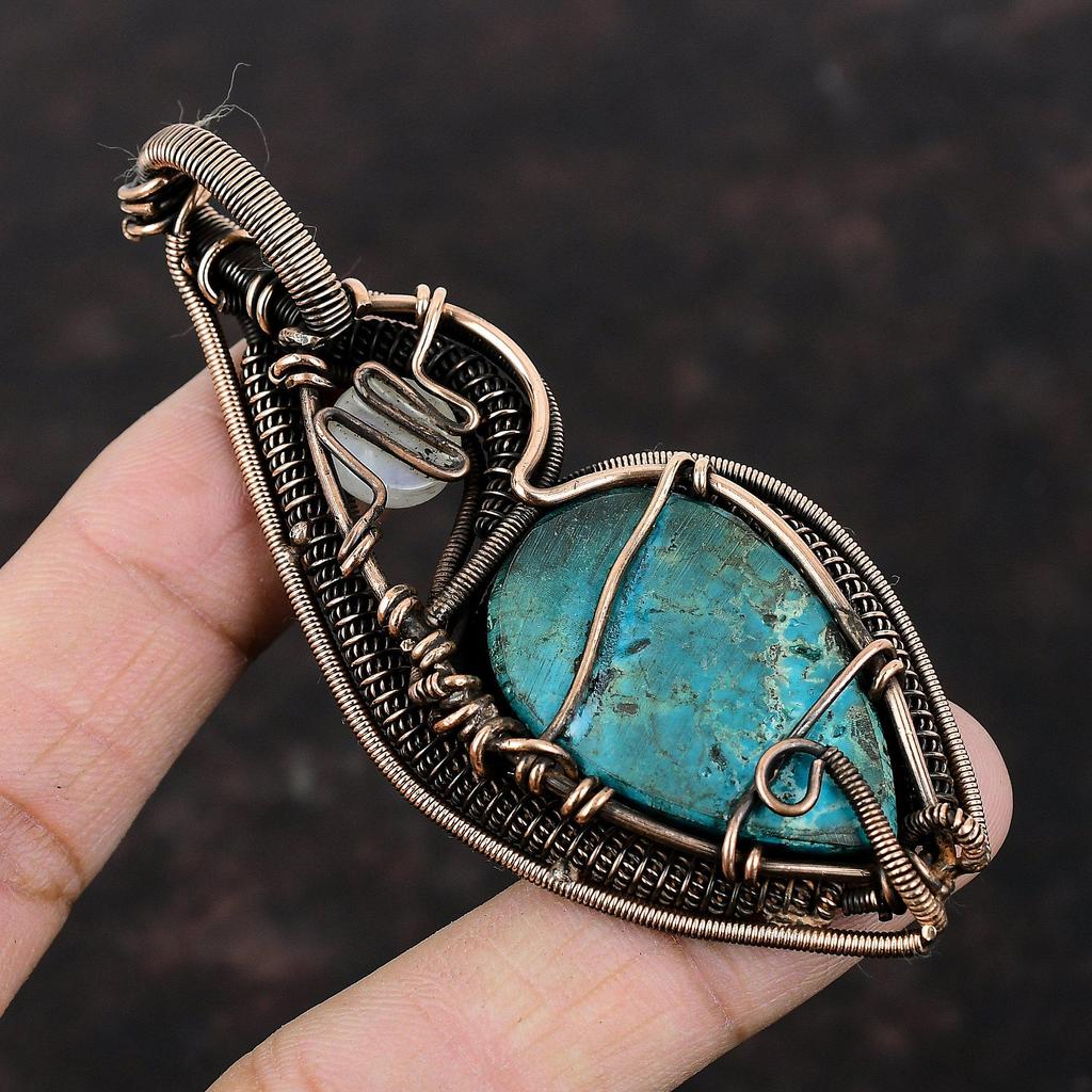 Tibetan Turquoise Pendant Copper Wire Wrapped Pendant Rainbow Moonstone Pendant Handmade Copper Jewelry Gemstone Jewelry Gift For Engagement