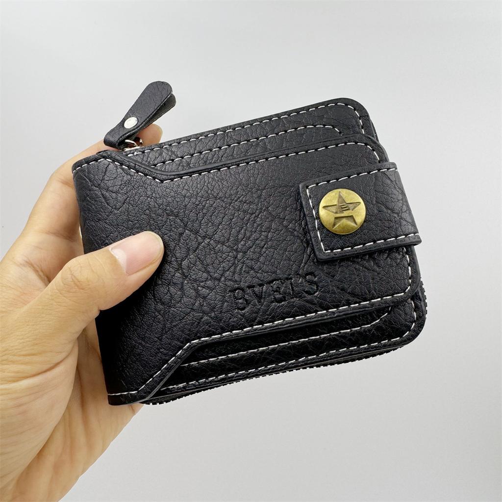 New Men's Short Wallet Zipper Coin Purse Retro Brass Buckle Design Wallet Male Vintage Card Holder Business Money Clip Clutch