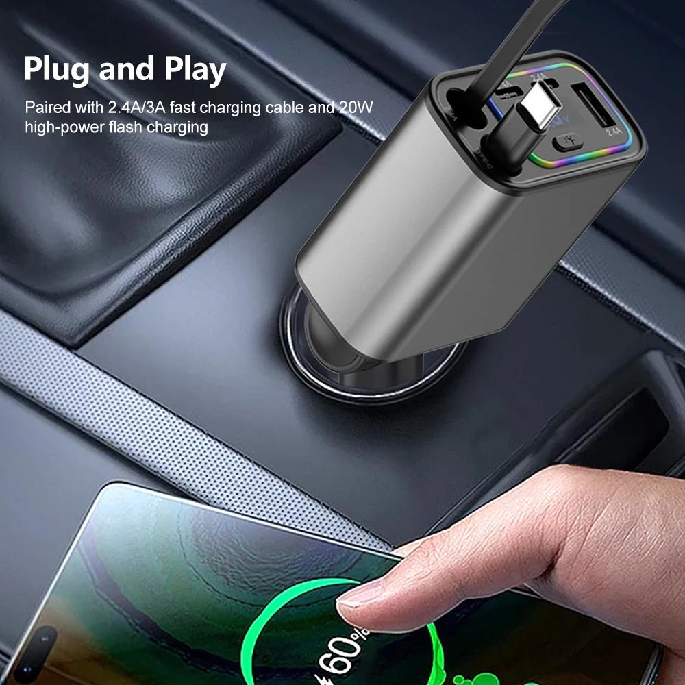 120W 5 IN 1 Retractable Car Charger USB Type C Power Adapter Fast Charging Cord Cigarette Lighter Adapter For IOS Android Phones