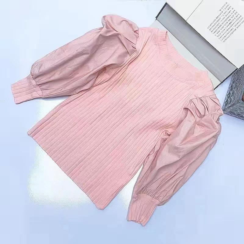 2025 Spring/Autumn Stylish Korean Bubble Sleeve Long-Sleeve T-Shirt for Girls