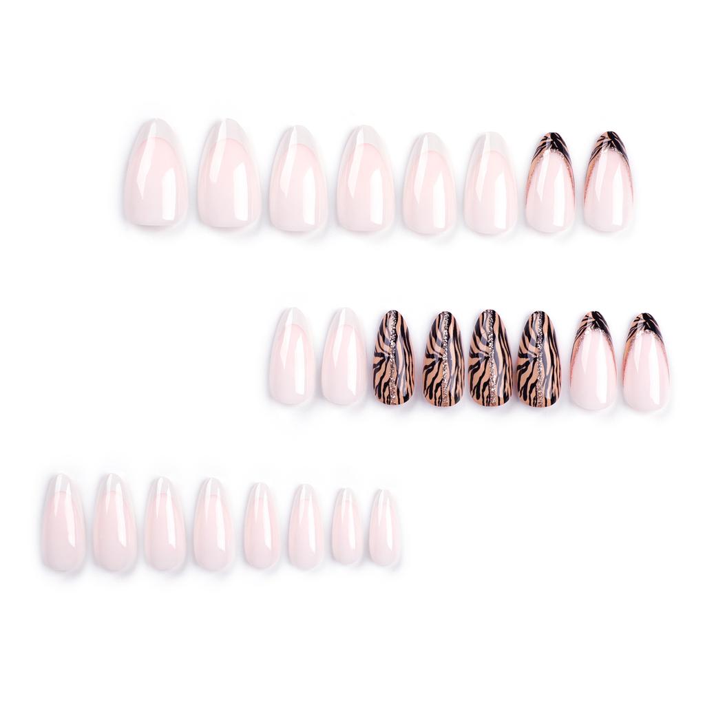 24 Pieces Nude French White Edge Manicure Piece Simple Zebra Pattern Nail Short Almond Nail Piece
