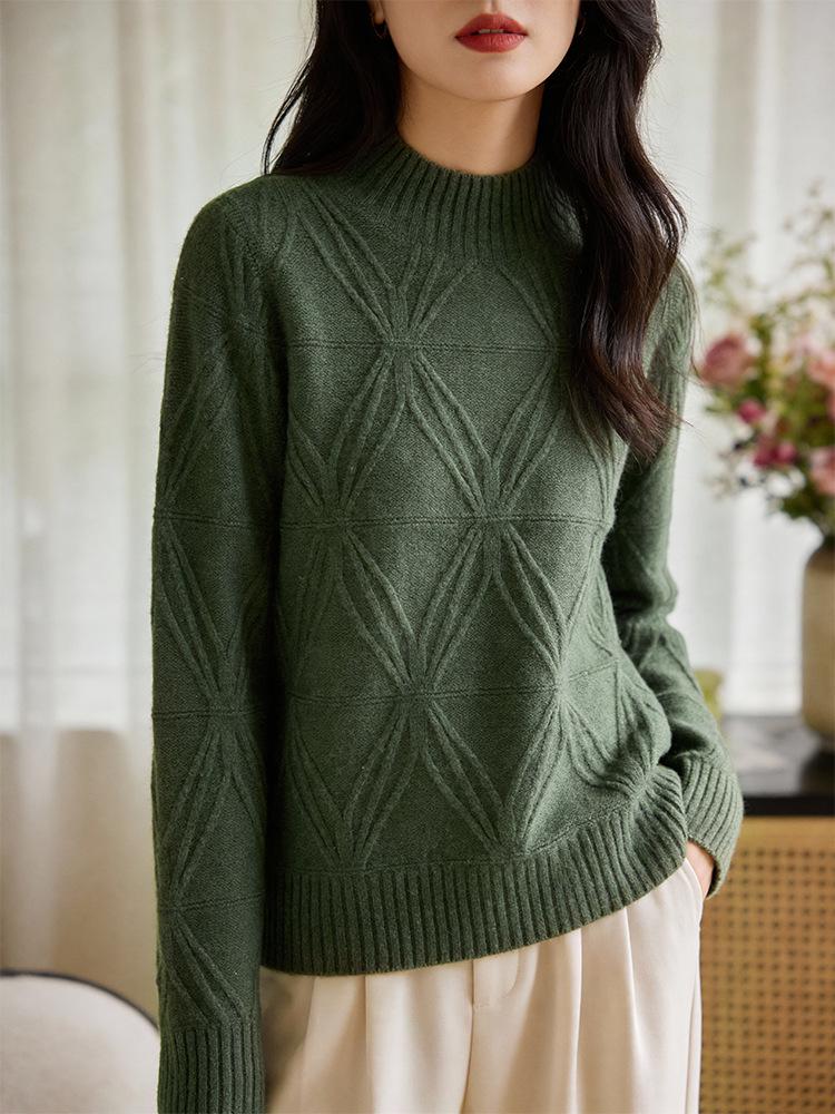 Women's Thick Warm Wool Knit Sweater, Half-High Neck, Diamond Pattern, Autumn/Winter, Solid Color, Loose Fit, Versatile Casual Style.