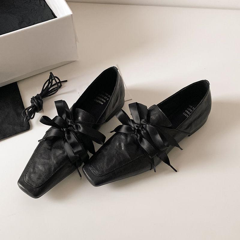 Spot second hair! Retro square head lace-up loafers one pedal bow ballet single shoes low heel small leather shoes women