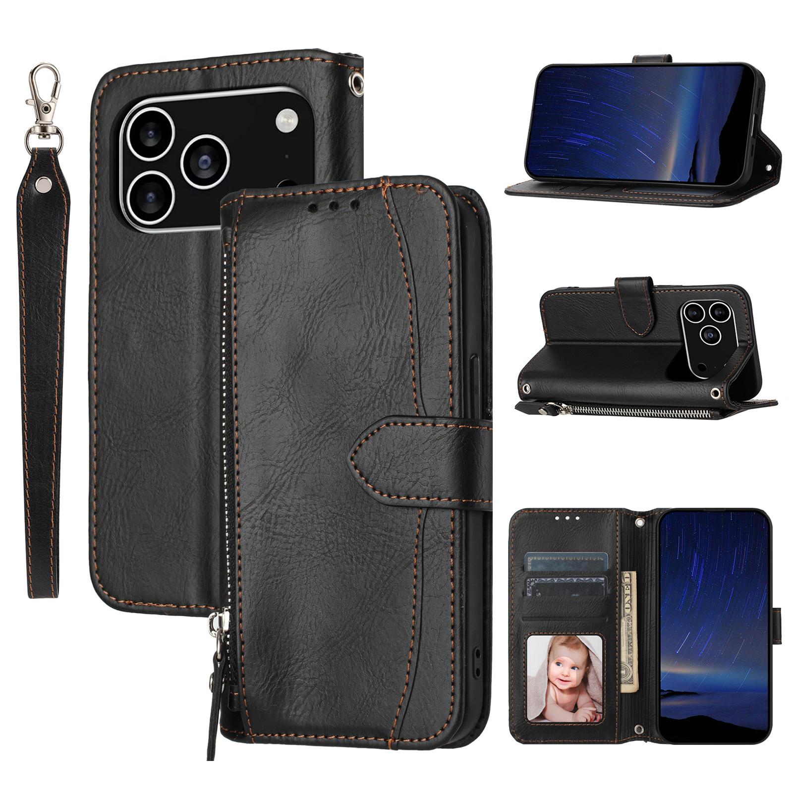 

For iPhone 17 Pro Case Zipper Pocket Wallet Leather Phone Cover with Wrist Strap D