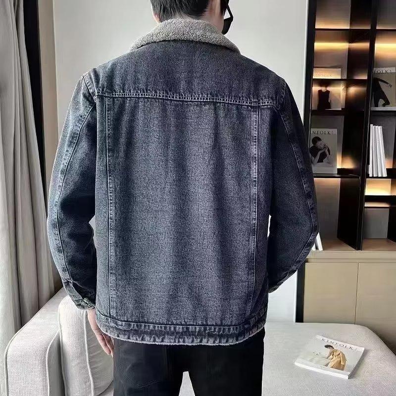 Men'S Denim Jacket Fleece Thickened Winter Lamb Plush Korean Version Slim-Fit Lapel Casual Jacket