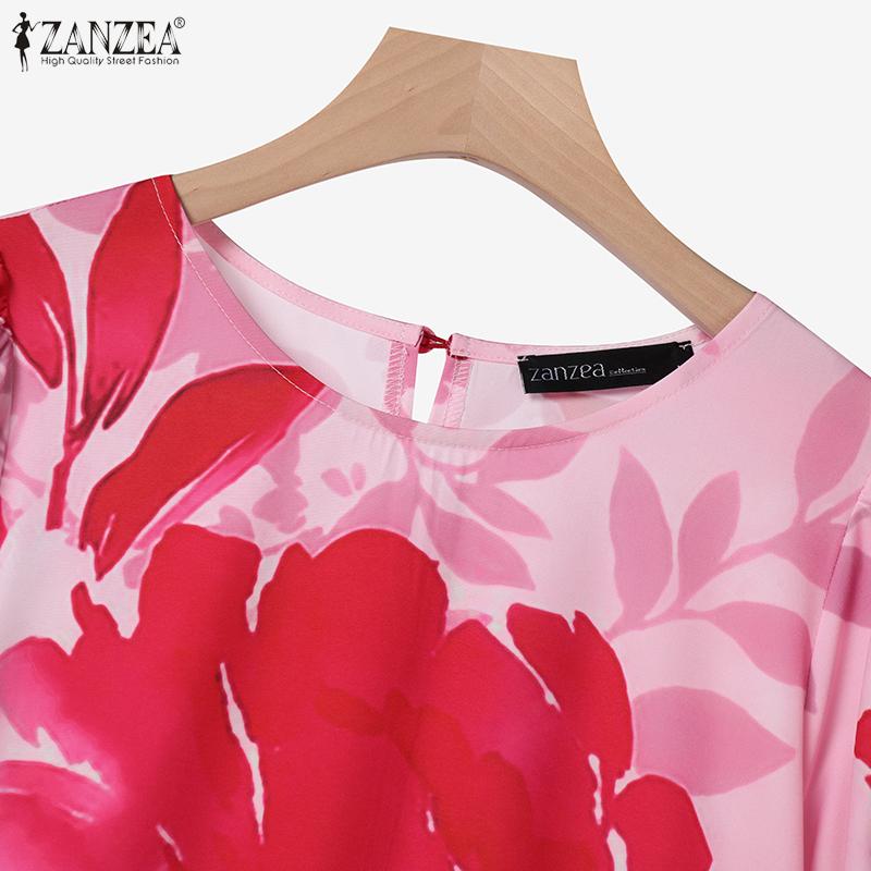 ZANZEA Rochie lungă cu mânecă scurtă și guler rotund, casual, cu imprimeu floral, pentru femei