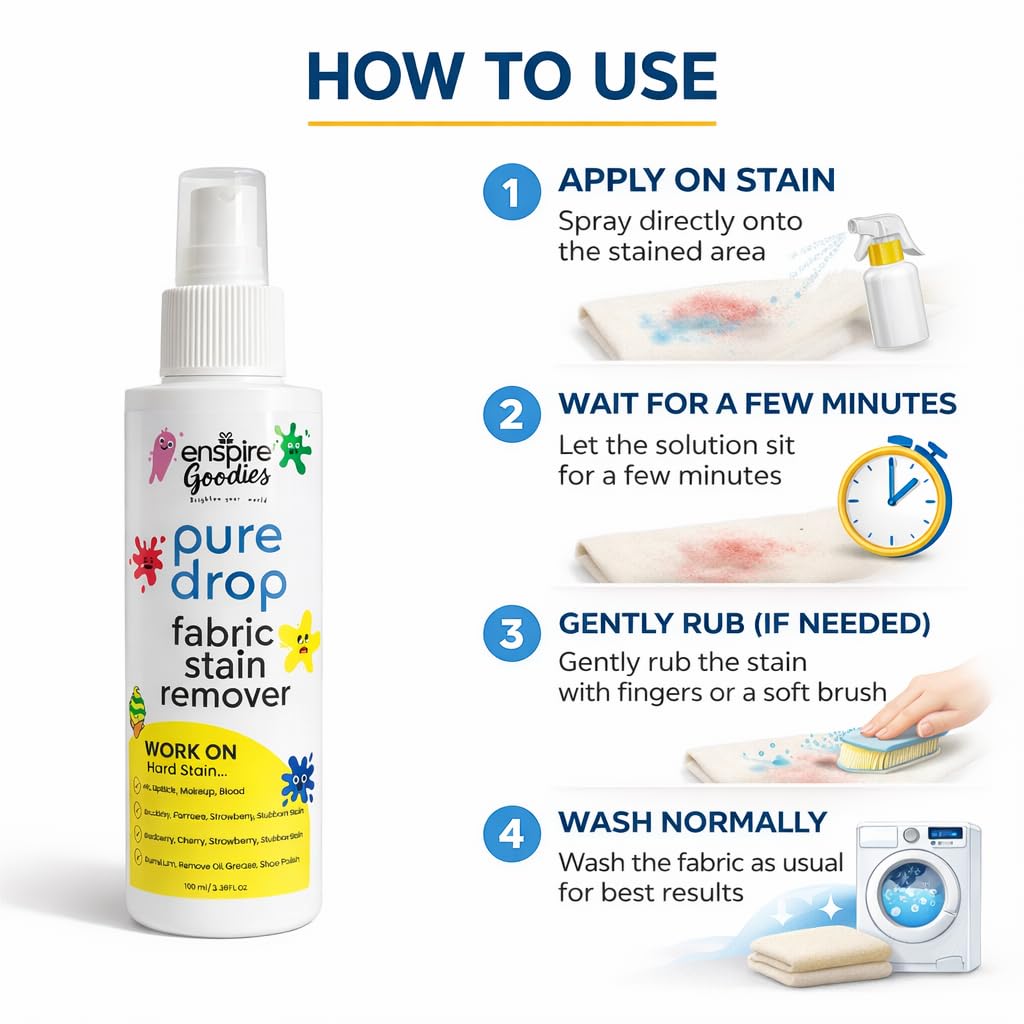 Enspire Goodies Pure Drop Stoff Fleckenentferner 100 ml | Fleckenentferner Spray für Lebensmittel auf Kleidung | Geeignet für Alle Stoffe | Am besten für Frische Flecken