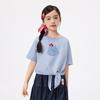 Girls' Striped Tie-Hem Short Sleeve T-Shirt with Cartoon Patch