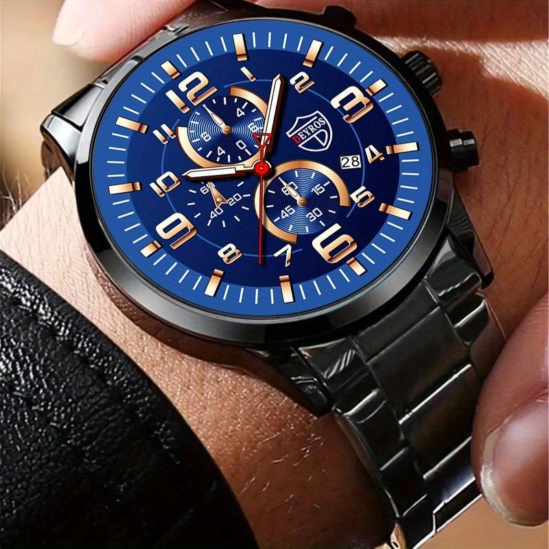 3pcs/set, Fashion Men's Sports Quartz Watch with Stainless Steel Wrist Watch & Bracelet Necklace Set, Men's Gifts