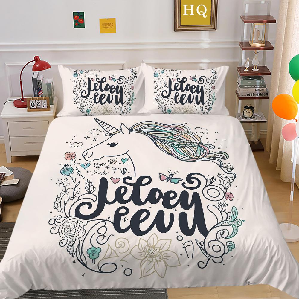 Home Bedding Set Woman 3D Unicorn Cartoon Lovely Home Bedclothes Twin Full Size Polyester Bed Set Cover