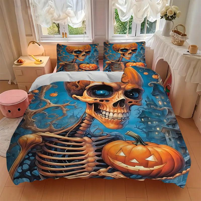 3pcs Halloween Skeleton Duvet Cover Set, Cover For Bedroom Guest Room (1 Duvet Cover + 2 Pillowcase, Without Quilt),  yy250922144