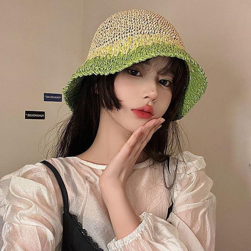 Weaving bucket hat women's summer breathable big head circumference showing face small hat UV protection sunshade sun protection hat