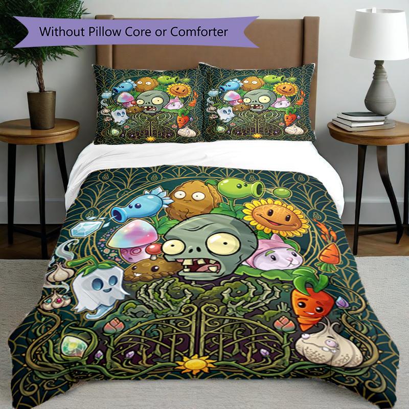 3pcs Duvet Cover Set (1*Duvet Cover + 2*Pillowcase, Without Core), Plants VS Zombies Print Bedding Set, Bedroom Decor, All‑Season, Birthday Gift