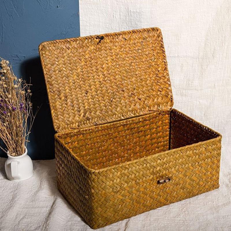 Woven Storage Baskets Wicker Storage with Lid Woven Storage Box Woven Natural Reed Storage Basket for Bookshelves Desks