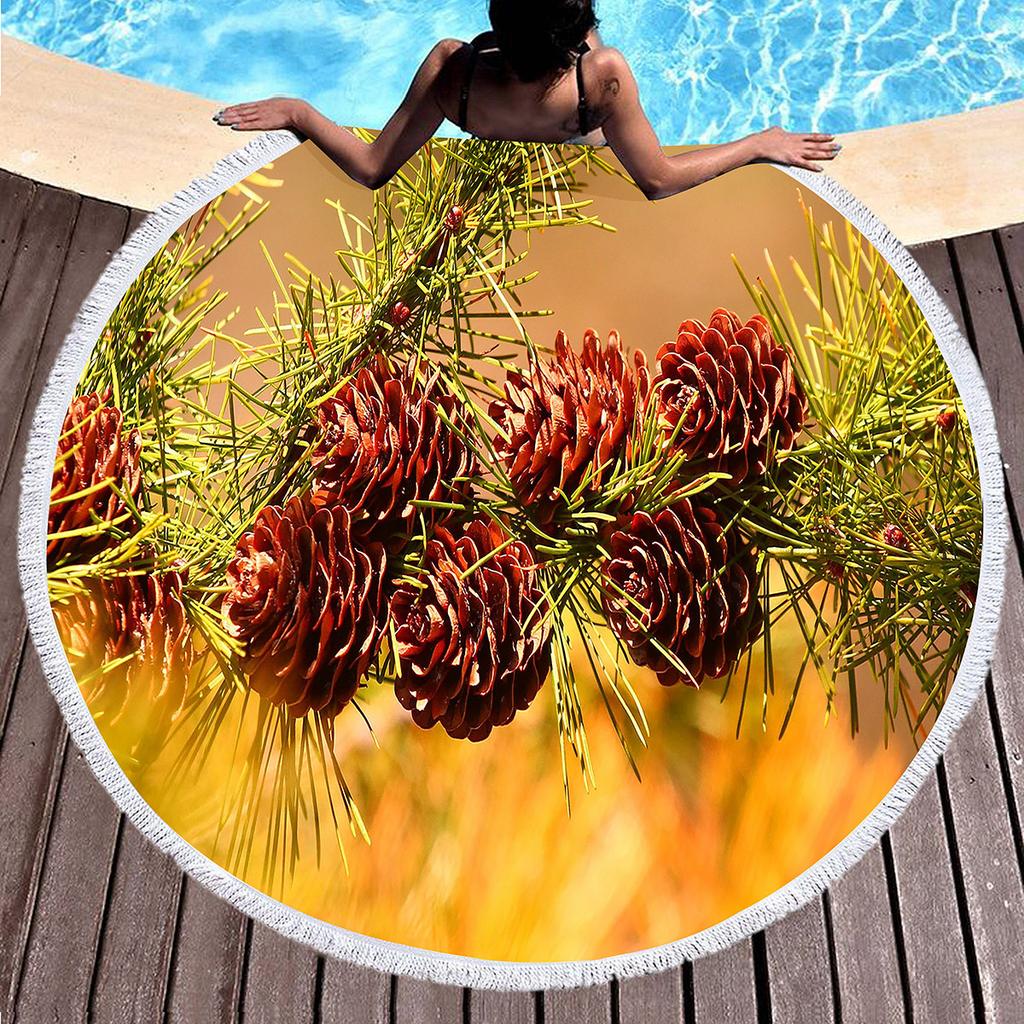 Pine Tree Printed Round Beach Towel with Tassels, Microfiber Beach Blanket, Absorbent Quick Dry Pool Towel Portable Picnic Mat