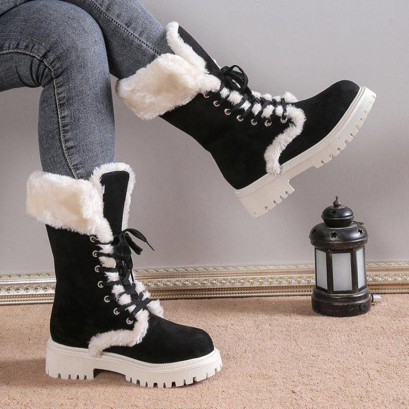 Damen Warme Faux Fur Fleece Gefütterte Faux Wildleder Klobiger Absatz Plateau Schlupfstiefel Schnürung Runde Zehenpartie Mid-Calf Winter Schneestiefel