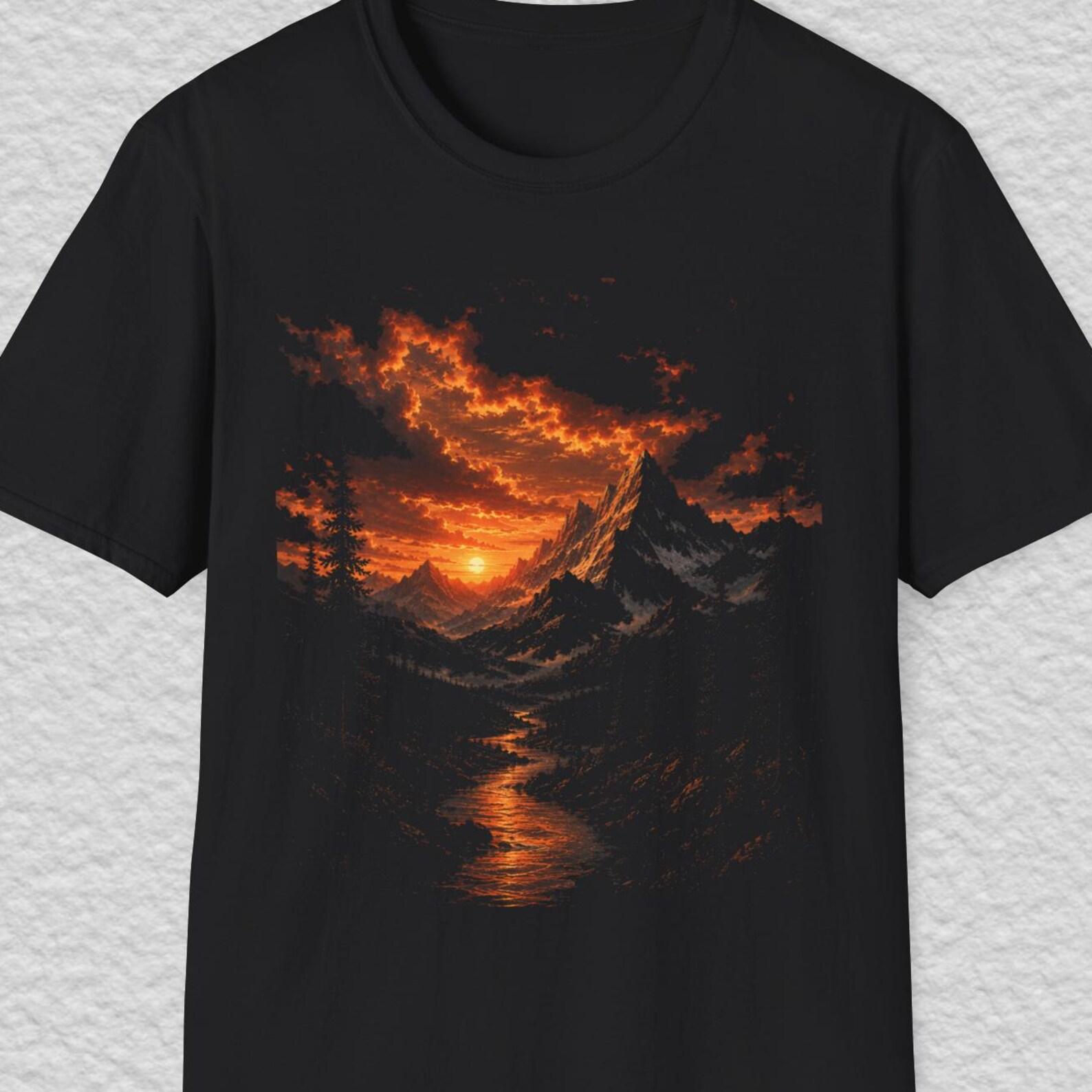 Mountain SunseT shirt, Wilderness Landscape Tee, Nature Adventure Shirt, Forest River Mountain Tee, Hiking Mountain Shirt, Sunset Forest Tee 4XL