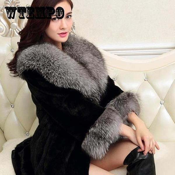 Damen-Winter-warme Kunstpelzmäntel, Damen-Fleece-verdickte lange Mäntel, Pelzkragen, warme Mäntel für den Außenbereich