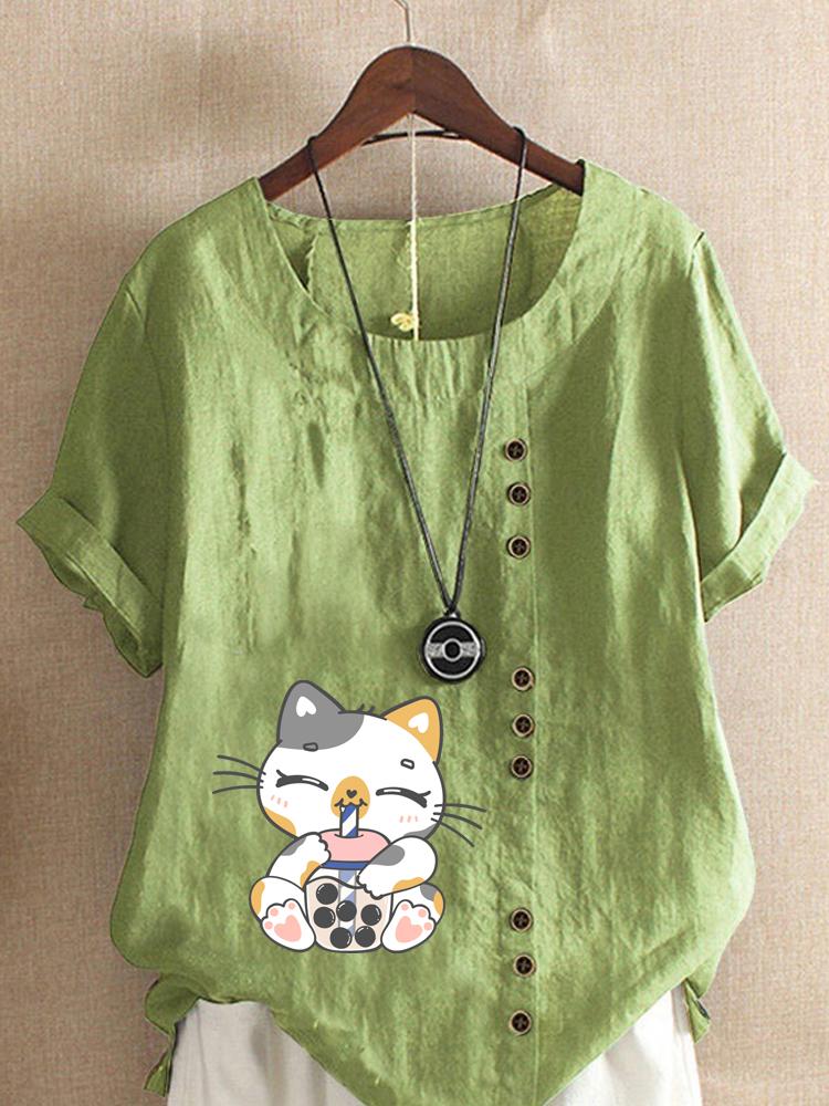 

Women s Fashion Cat Print Round Neck Short Sleeve T-shirt Casual Cotton Linen Graphic Shirt Leisure Loose Summer Blouse Tops 5XL зелений