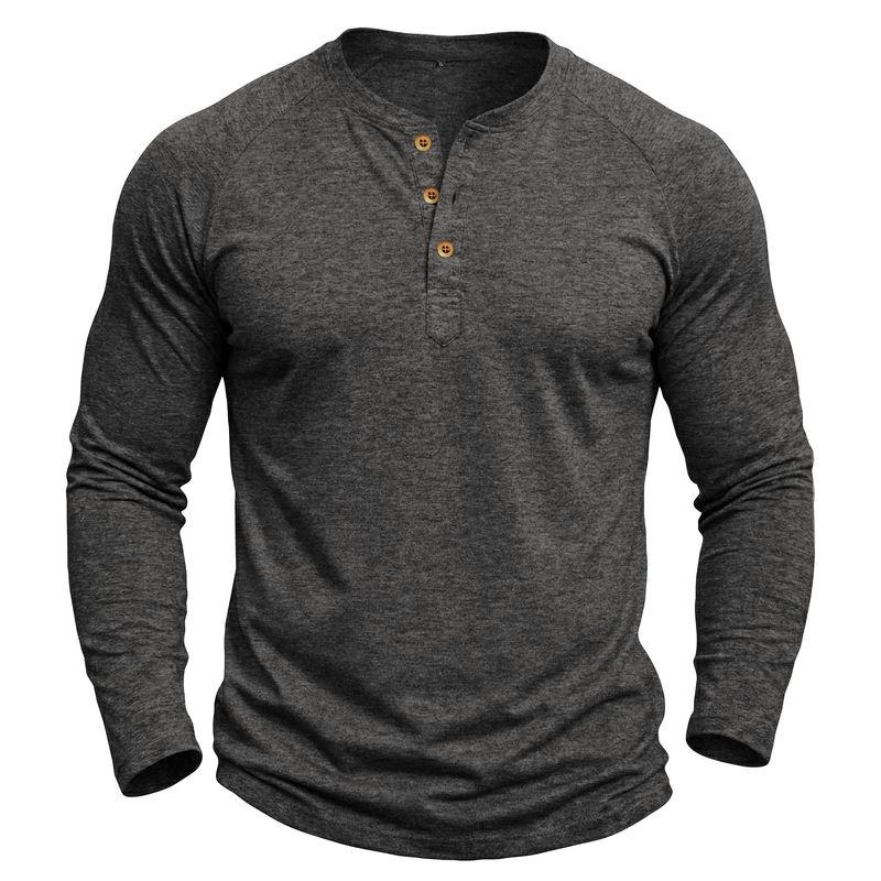Mens Classic Style Henley Pullover Tops Raglan Long Sleeve Solid Color Daily Casual Wear Crew Neck Basic T Shirts
