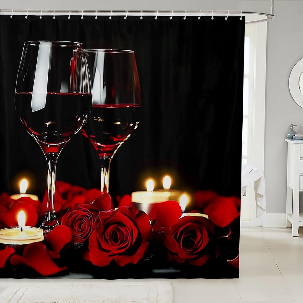 Red Rose Shower Curtain Botanical Floral Romantic Flower Valentine Girls Bathroom Curtain Decor Waterproof Fabric Include Hooks