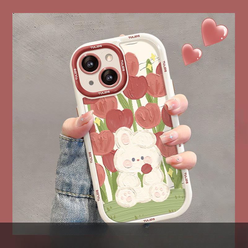 Κατάλληλο Για Θήκη Κινητού Τηλεφώνου Apple 15promax IPhone 13/14 Λάδι Ζωγραφική Τουλίπα Κουνέλι 12/11 Σιλικόνη Αντικραδασμική