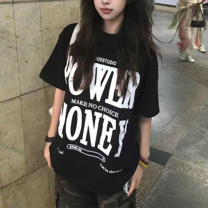 

Women s Oversized Black T-shirt Casual Loose Fit Short Sleeve Letter Print Streetwear Top L