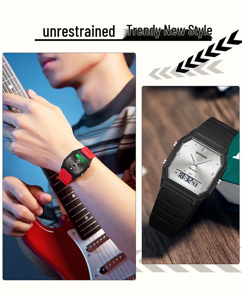 Sanda TEMU Men's Sports Watch: Hot-Selling, Waterproof, Luminous, Thin Square Design, Dual Display, Three Time Zones.