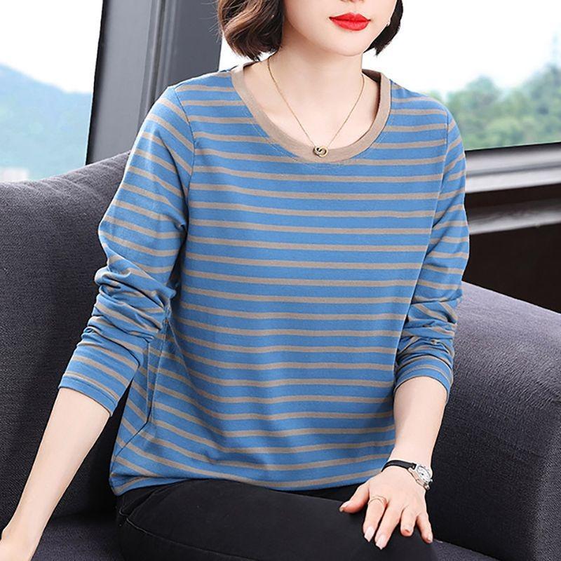 Women S Plus Size Long Sleeve Striped T Shirt Korean Style Base Layer