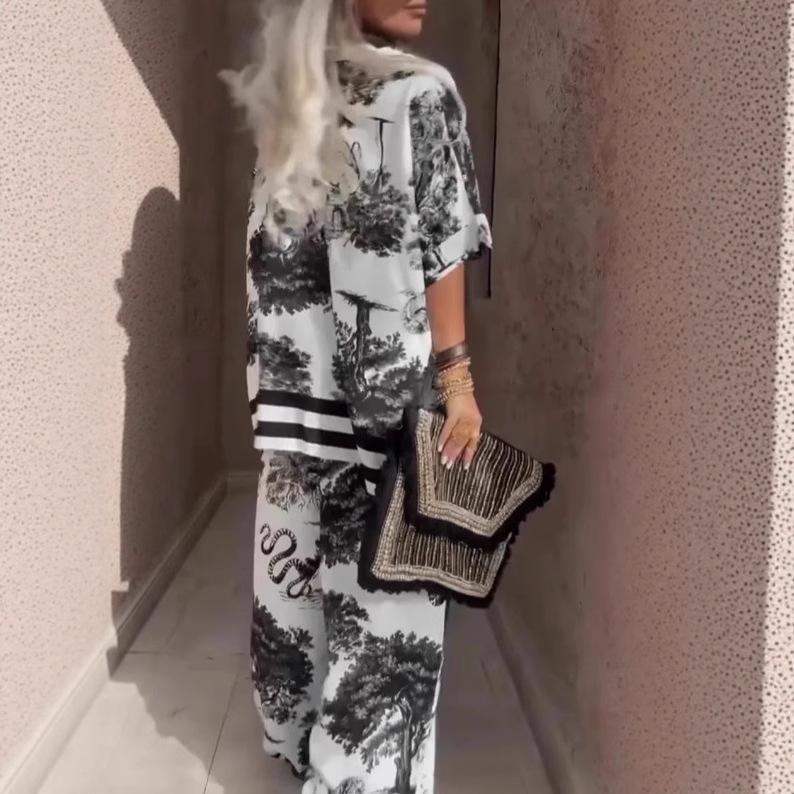 Black & White Floral Print Short Sleeve Shirt and Wide Leg Pants Set