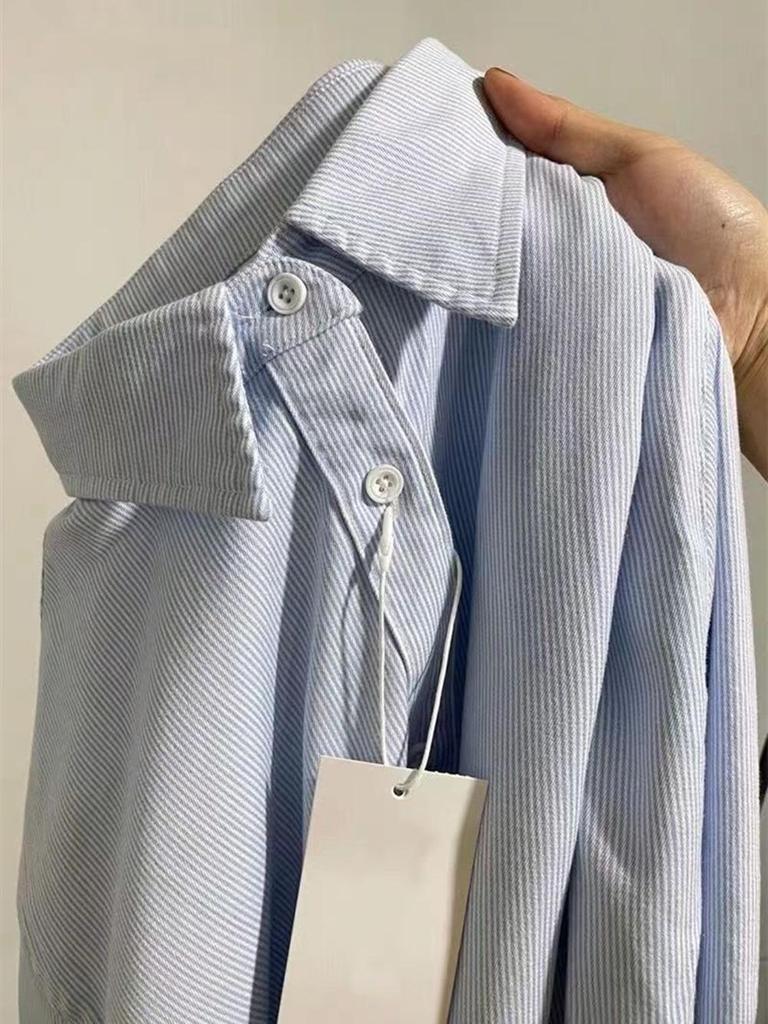 Women's Blue Striped Long Sleeve Loose Shirt Jacket - Versatile Korean Style for Spring and Autumn