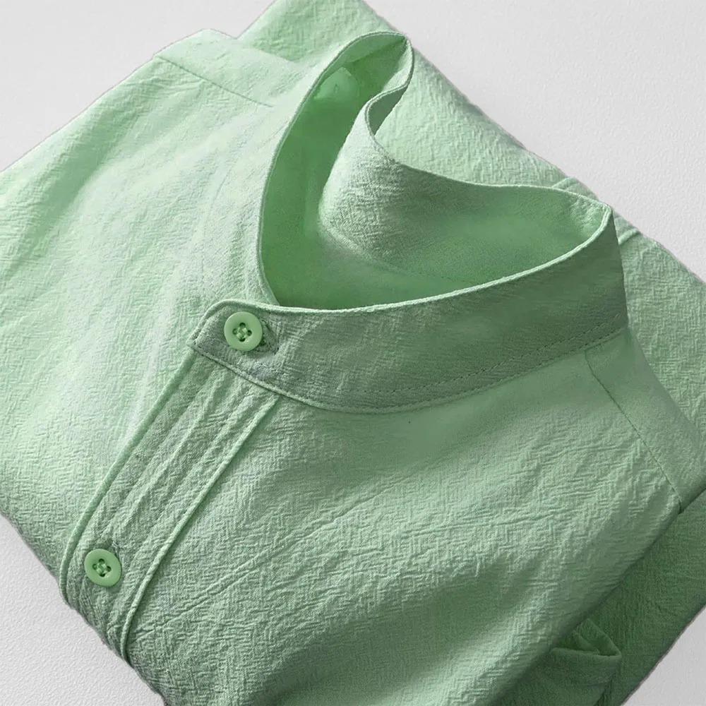 Classic Timeless Textured Cotton Linen Long Sleeve Shirt for Men Breathable Mandarin Collar Button Placket Casual Daily Vacation Tops In Solid Colors