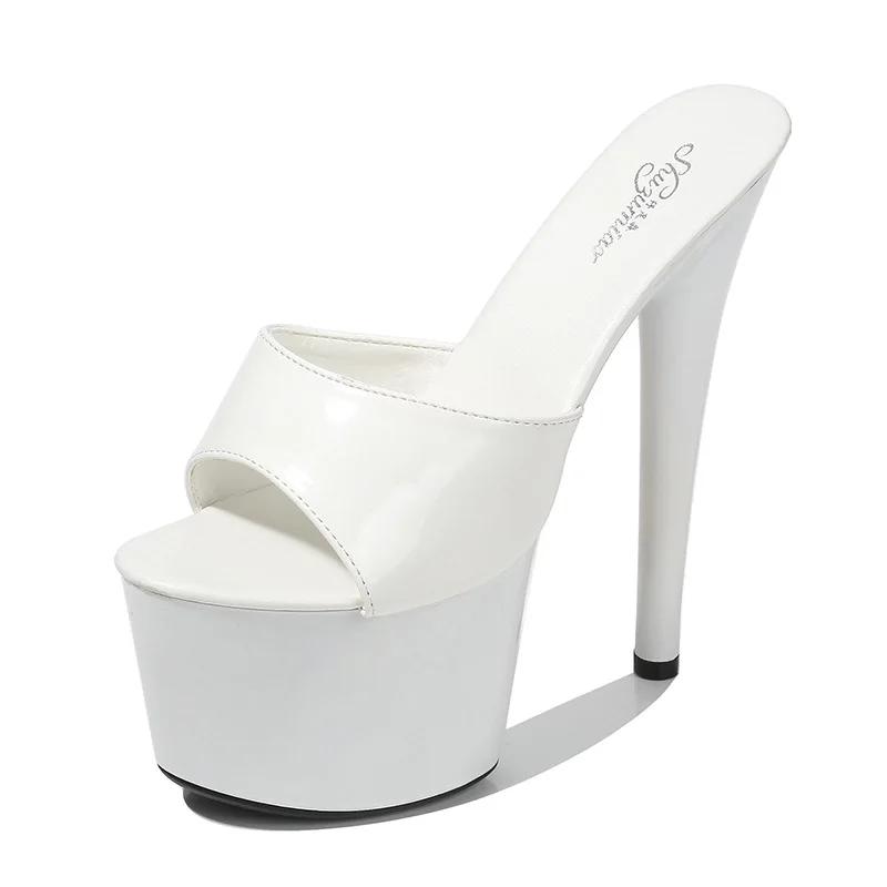 Fashion Leather slippers stiletto heels sexy black waterproof platform, hate the sky, super high slippers, women's summer