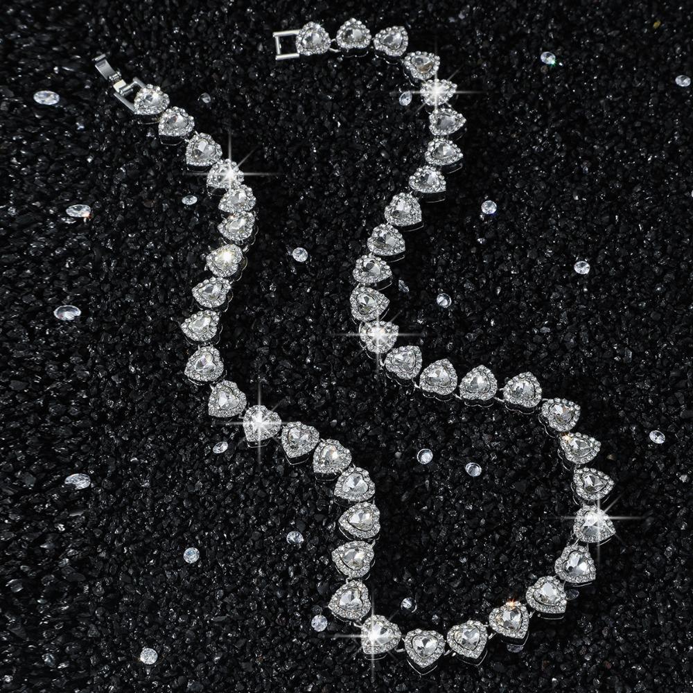 Hip Hop Stil Herzförmige Strassstein Halskette Zink Zink Zinklegierung Tennis Kette Choker Hochzeit