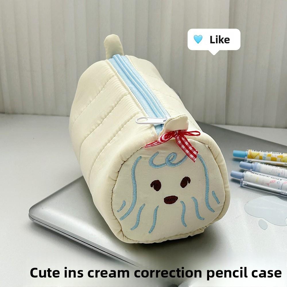 Cream Cartoon Pencil Case With Large Capacity For Students And Office Use