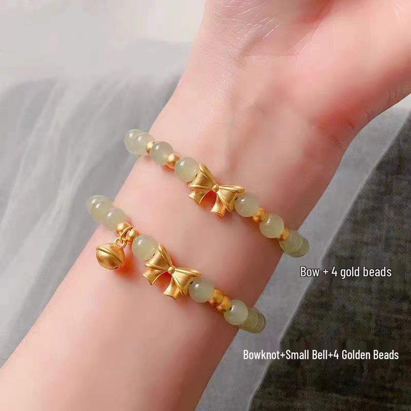 Vietnamese Sand Gold Bow Bracelet with Imitation Hetian Jade & Brass Gold-Plated Bells