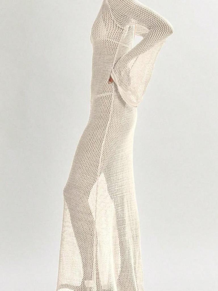 Women's Crochet Long Sleeve Backless Mesh Knit Swimsuit Cover Up Beach Maxi Dress