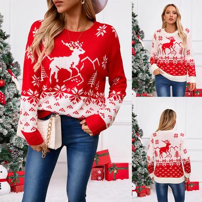 Winter Women's Christmas Pullover Round Neck Red Sweater