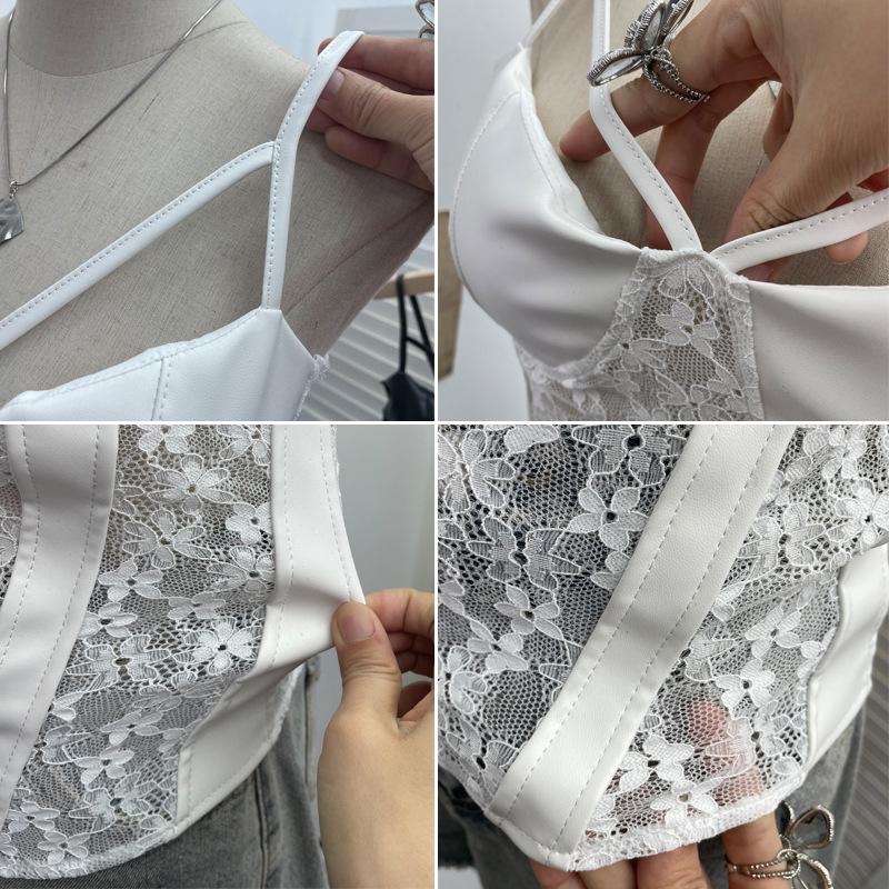 American Spicy Girl Lace PU Leather Patchwork See-Through Camisole with Chest Pads and Shirred Back Top