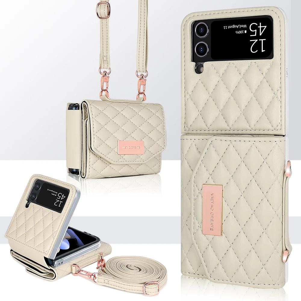 Lanyard Cards Solt Leather Wallet Case for Samsung Galaxy Z Flip 6 5 4 3 5G Flip6 Flip5 Strap Diamond Triple Fold Purse Cover