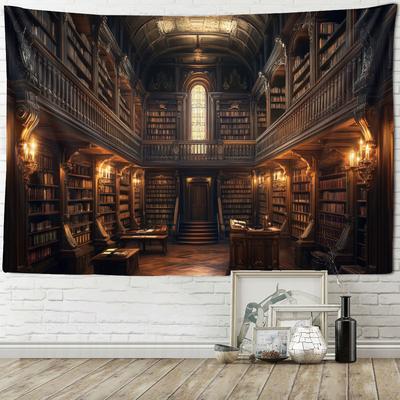Vintage Books Magic Bookshelf Library Tapestry Wall Hanging Art Cloth for Living Room Bedroom Dormitory Decorative Background Po