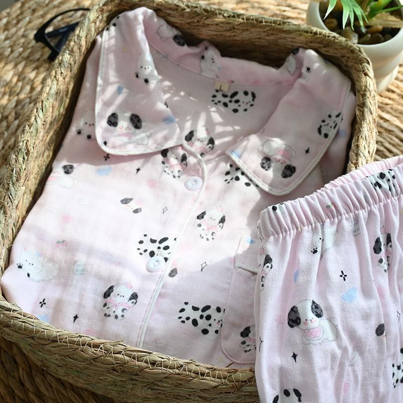 100% Cotton Gauze Pajamas Set Women Thin Breathable Long Sleeve Pants Loungewear